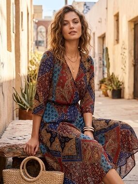 Stella & Julie Sz 12 Brown Patchwork Paisley V-Neck Sheer Chiffon Midi Dress